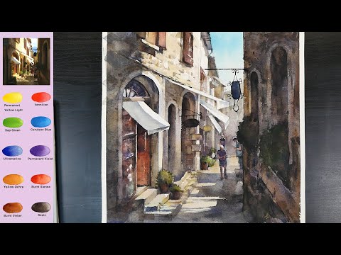 Видео: Пейзаж акварелью -  Уличная сцена.  (просмотр названия цвета,  акварельный материал)