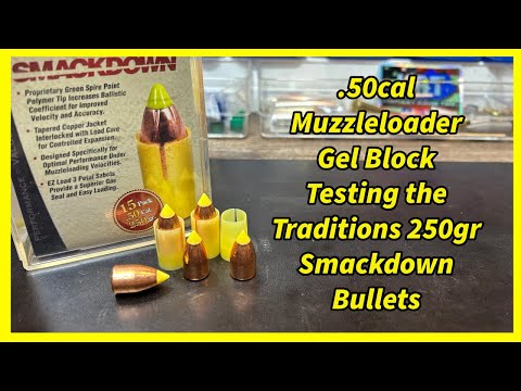 Видео: .50 Кал. Баллистический гелевый блок, тестирующий традиции, 250 г Smackdown, пули с полимерным на...