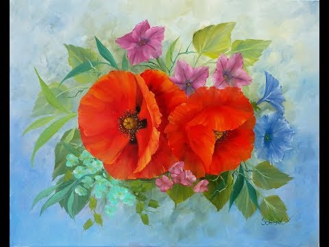 Видео: Рисуем маки поэтапно. Цветы маслом.