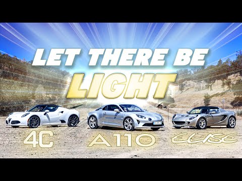 Видео: Alpine A110 против Lotus Elise против Alfa Romeo 4C — Да будет свет!