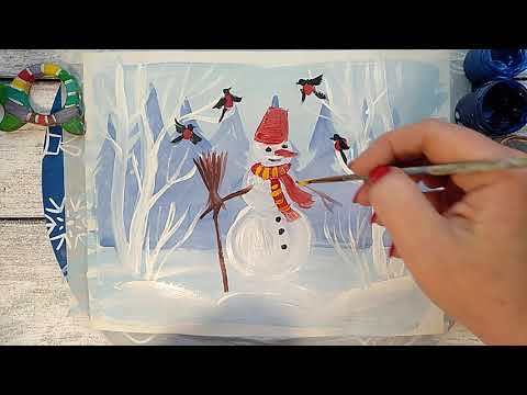 Видео: Как нарисовать СНЕГОВИКА// Рисунок красками