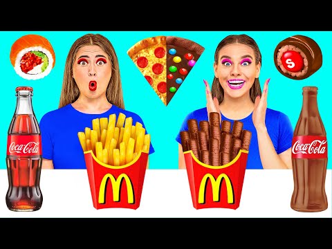 Видео: Челлендж. Шоколадная Еда vs Настоящая еда от Happy Funny