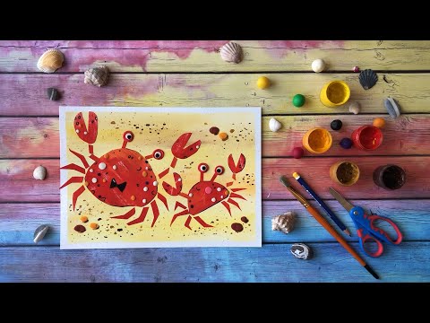 Видео: Рисуем крабов. Уроки рисования для детей. Смешанная техника.