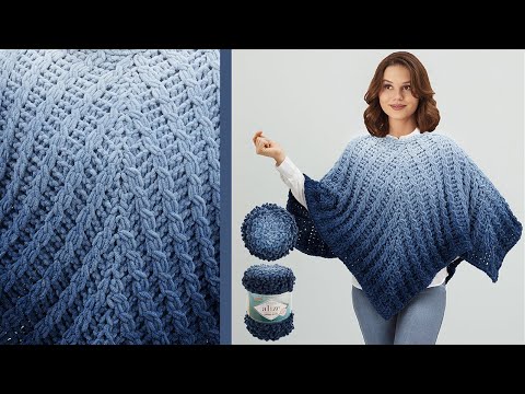 Видео: Puffy Fine Ombre Batik ile Panço Yapımı • Poncho Tutorial • Вязание Пончо