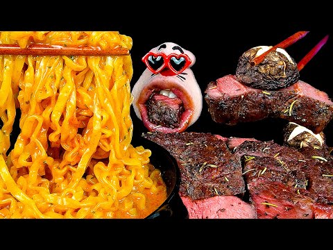 Видео: АСМР МУКБАНГ :) пикантная куриная лапша с углеводами и гигантский стейк из говядины