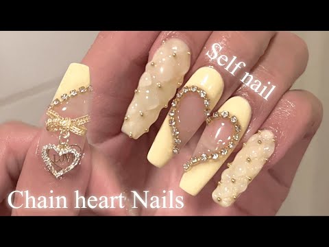Видео: SUB)Self nail/Прекрасная цепочка для ногтей с сердечком, красивая и милая💛/Наращивание полигелем