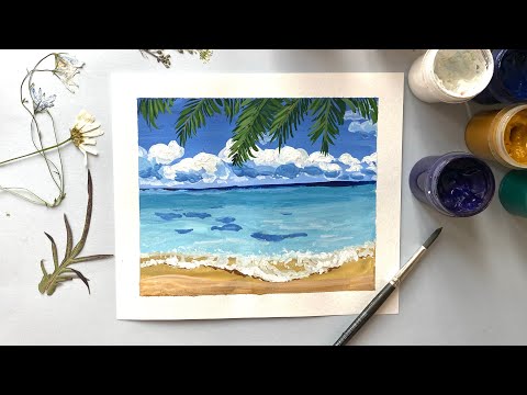Видео: Как нарисовать Море, пляж и ветки пальмы гуашью. МАЛЬДИВЫ гуашью