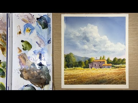 Видео: Пейзаж акварелью - Небо над фермой