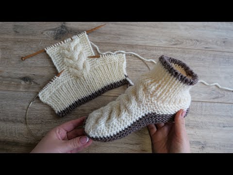 Видео: Следки – сапожки с косами спицами | Homemade knitted slippers