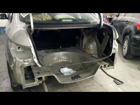 Видео: Nissan Almera, замена панели задка, ремонт бампера.