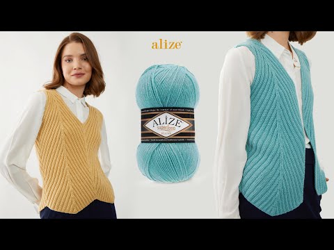 Видео: Жилет с диагональной резинкой с Alize Superlana Klasik