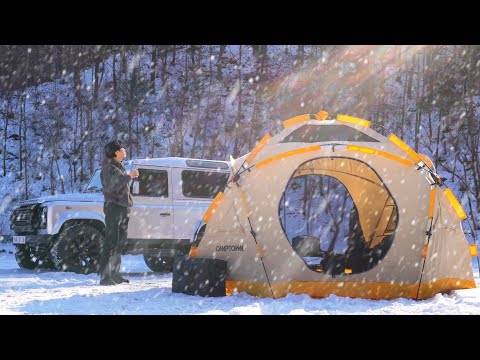 Видео: -18℃ Зимний кемпинг, Желтая палатка для подводной лодки в снегу / Land Rover DEFENDER 90