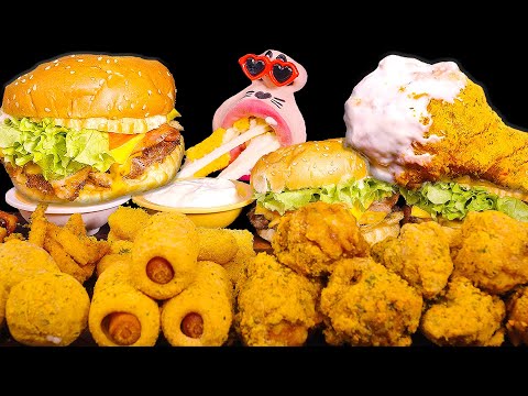 Видео: Чизбургер и сырная курица, корн-дог, сырные шарики! 🍔🧀✨🍗 ASMR Mukbang Eating Show :)