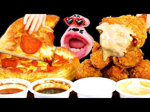 Видео: Пицца «Пепперони», жареная курица и четыре секретных соуса! ASMR Mukbang Eating Show!