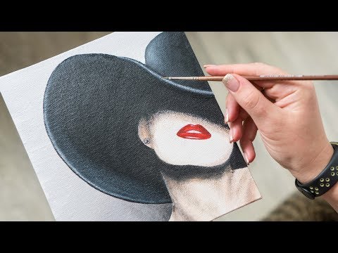 Видео: Таинственная девушка в большой черной шляпе - Рисование акрилом