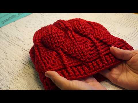 Видео: Красная шапочка рельефными столбиками, узор"Листья",crochet hat (шапка № 152)