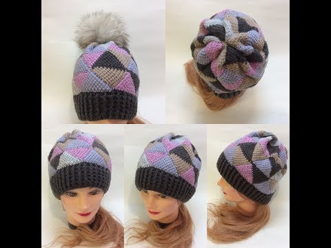 Видео: Шапка крючком тунисским вязанием узор Треугольники/crochet cap