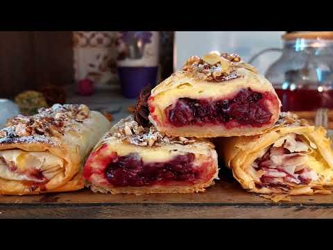 Видео: Рулет Штрудель с вишней и заварным кремом простой рецепт пп Cherry Strudel with Pastry Cream  Phyllo