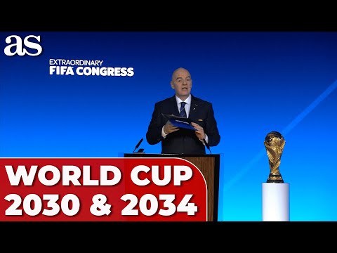 Видео: ЧЕМПИОНАТ МИРА ПО ФУТБОЛУ ФИФА: ФИФА объявляет хозяев ЧМ-2030 и 2034 на внеочередном Конгрессе 20...