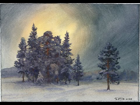 Видео: 220240218 Зимний пейзаж, акварель. Watercolor winter landscape