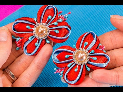 Видео: Заколочки из лент для челочки. Канзаши Мастер-класс. Мария Калугина.