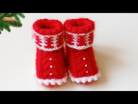 Видео: пинетки - сапожки спицами. новогодние. Рождественские. подошва 13см