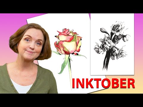 Видео: Два рисунка цветов тушью для Inktober - пунктир, ручка и размывка.