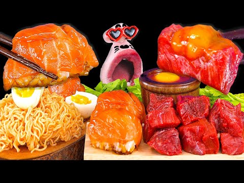 Видео: Кубики говядины Юкхэ, суши с гигантским лососем и острая лапша пибим ASMR Mukbang Eating Show!