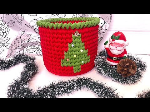 Видео: Корзина из трикотажной пряжи крючком. Узор ёлка. Интерьерное вязание для новогоднего декора.
