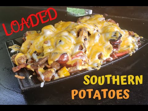 Видео: Картофель по-южному с начинкой: жареный картофель с колбасками на сковороде Blackstone