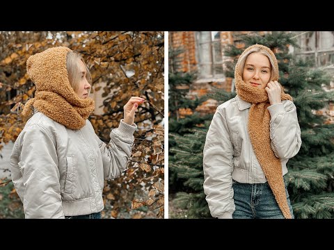 Видео: Капюшон с шарфом спицами | Мастер-класс для начинающих