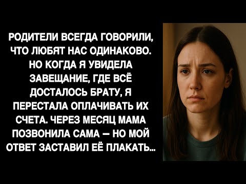 Видео: Родители оставили всё брату. Я перестала закрывать счета. Через месяц мама позвонила, но мой ответ..