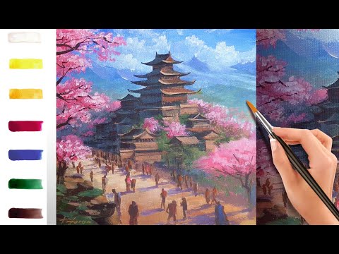 Видео: Японский замок на холме весной. Как нарисовать пейзаж 🎨 АКРИЛ! Мастер-класс ДЕМО