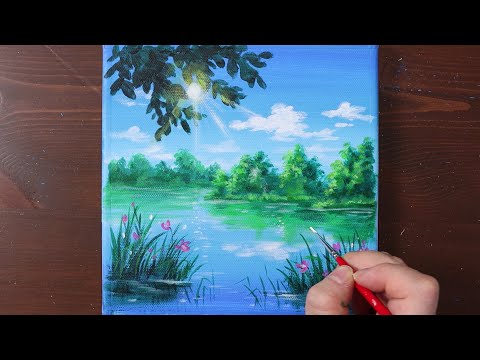Видео: Солнечное озеро / Легкая роспись акрилом для начинающих / Учебник по рисованию