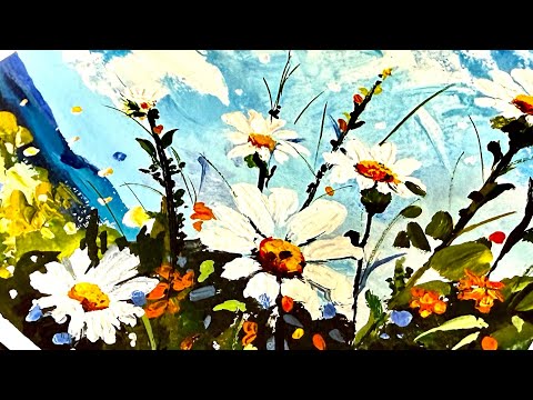 Видео: Акриловая живопись | Ромашки под голубым небом 🌼