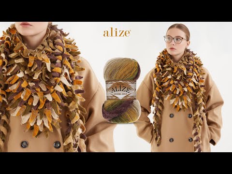 Видео: Шарф с листовидным мотивом и пряжей Alize Angora Gold Batik