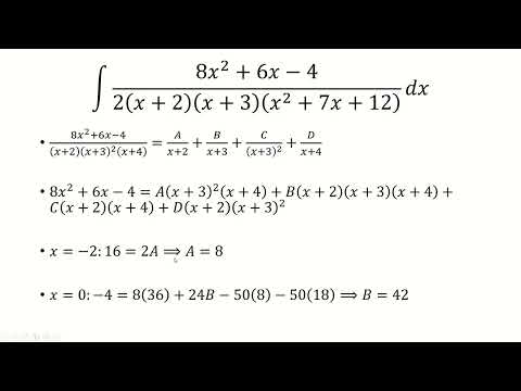 Видео: Интеграл от (8x^2+6x−4)/[2(x+2)(x+3)(x^2+7x+12)]