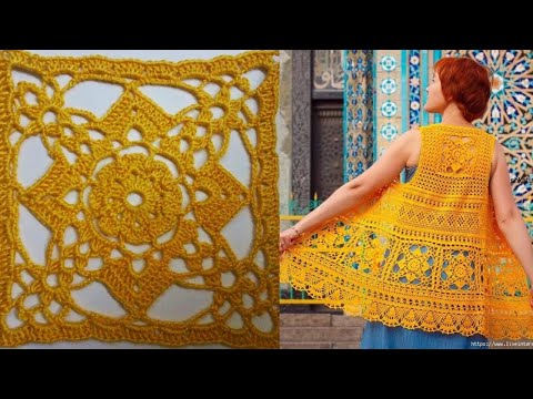 Видео: Квадратный мотив крючком Восточная сказка  Красивый  летний жилет