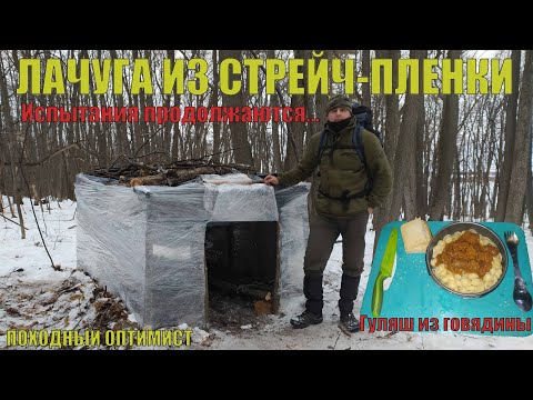 Видео: Ночевка в зимнем лесу в укрытии из стрейч-пленки | Гуляш из говядины