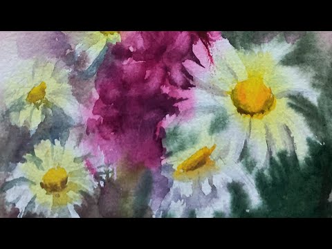 Видео: Цветочное поле - рисуем цветы акварелью. Как нарисовать цветы акварелью. Бесрлатные уроки рисования.