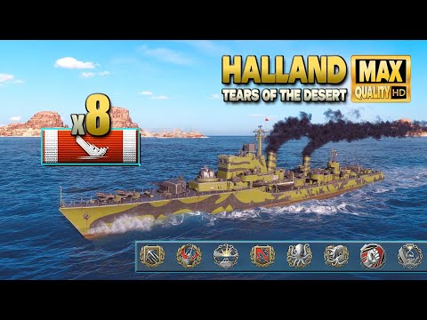 Видео: эсминец Halland: 8 уничтоженных кораблей на карте «Слезы пустыни» - World of Warships