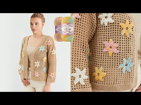 Видео: Alize Cotton Gold Batik ile Çiçekli Hırka • Flower Cardigan • ВЯЗАНИЕ ЦВЕТОЧНОГО КАРДИГАНА