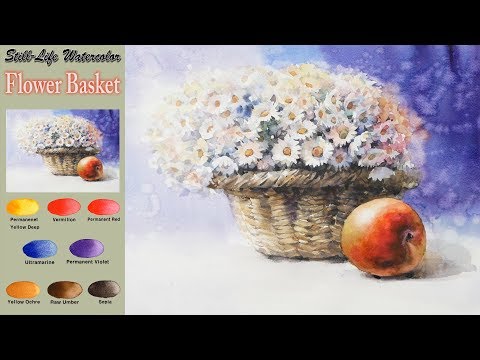 Видео: Apple, цветочная корзина - Акварель натюрморта (Fabriano rough) NAMIL ART