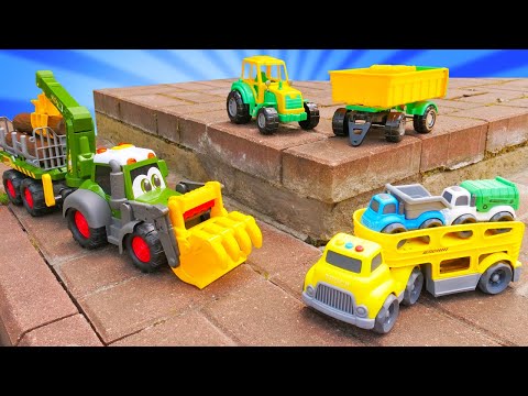 Видео: Машинки с прицепом: автовоз, трактор и лесовоз! видео для детей про машинки-помощники Брудер