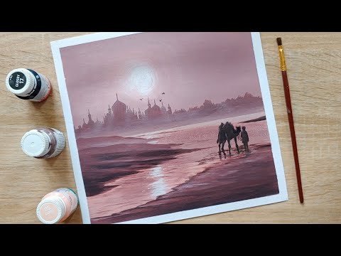 Видео: Пейзаж РАССВЕТ В ИНДИИ / Как просто нарисовать рассвет акрилом