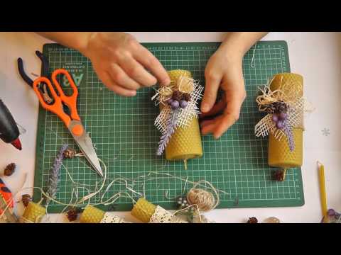 Видео: Свечи из вощины с объемным декором