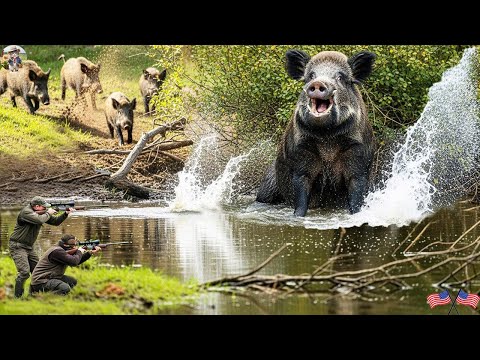 Видео: Дикий кабан-монстр впадает в панику, когда его загоняют в реку — драматическая битва за выживание!