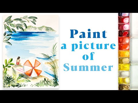 Видео: Рисуем простую акварельную картину с пляжем | Летняя живопись