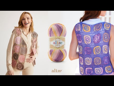 Видео: Жилет со спиральным мотивом крючком из Alize Diva Batik