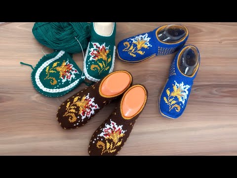 Видео: Вязаные тапочки спицы+тунисский крючок   📣Вяжем мысок.ряд за рядом. 1 часть.
